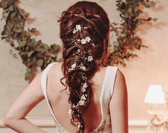 Long bridal hair vine, floral headpiece, romantic hair wreath, bohemian wedding head dress
