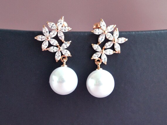 Rose gold bridal earrings crystal flower earrings pearl drop | Etsy