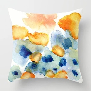 Cushion cover with fine art print. Bright orange and blue flowers, watercolor. Blue and orange pillow, couch pillow, accent pillow cover