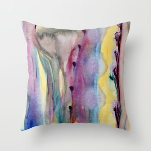 Cushion cover with fine art print. Purple designer watecolor pillow Colorful cushion cover Yellow blue purple beige burgundy