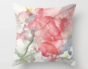 Housse de coussin Poppy Blots avec impression d'art en corail rose rouge vert Inky bleu botanique abstrait aquarelle canapé oreiller, housse de coussin d'accent