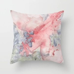 Inky Backdrop Cushion cover with art print in Coral Pink Indigo Blue Green botanical abstract Watercolor Couch pillow, accent pillow cover