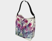 Bursting Bouquet Purple Tote bag with fine art print. Floral abstract in Purple Pink Blue Designer Beach bag