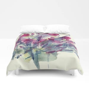 Floral duvet cover with fine art print. Designer bedding. Watercolor painting. King, Queen and Twin sizes. Pink, red, blue, teal, purple