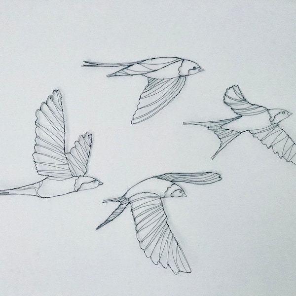 Swallows in flight, Bird Gift, Bird Lover, Bird Sculpture, Wire Art, Living Room Art