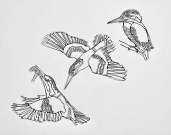 Three Hanging Kingfisher Sculptures, Bird Art, Animal Drawings, Wire Art, Wall Decoration, Ornament / Gift