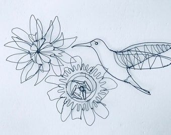 Hummingbird Wall Decor, Bird Drawing, Wire Sculpture, Metal Flowers