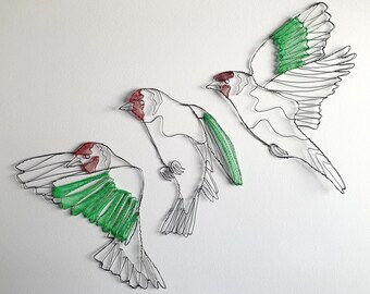 Wire Goldfinches Sculpture, Bird Wall Art, In Flight, Metal Ornaments, British Nature Gifts
