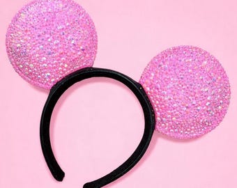 Rhinestoned Headband – Hand-Embellished with Glass Rhinestones – Sparkly Luxury Theme Park Ears – Leather Mickey Ears
