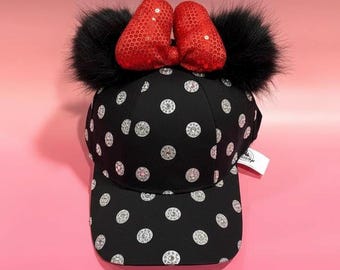 Rhinestone Minnie Mouse Baseball Cap: Black Polka Dot, Red 