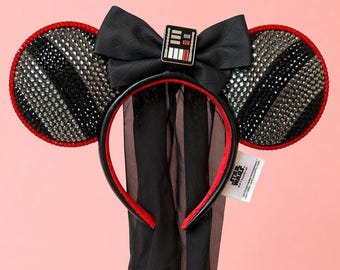 Rhinestoned Ears Headband – Hand-Embellished with Glass Rhinestones – Sparkly Luxury Theme Park Ears – Darth Vader