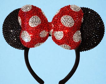 Rhinestoned Ears Headband – Hand-Embellished with Glass Rhinestones – Sparkly Luxury Theme Park Ears – Classic Minnie
