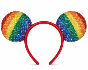 Diadema con orejas de cristal y cristales de imitación, adornada a mano. Orejas brillantes de lujo con un toque de parque temático. Orgullo arcoíris.