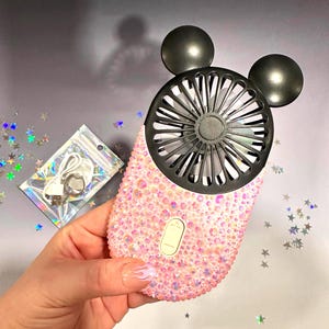 Bling Rhinestone Pink Mini, Handheld & Portable USB Rechargeable with LED Light, 3 Speeds | Disney Bling Fan | Fan Accented With Rhinestones
