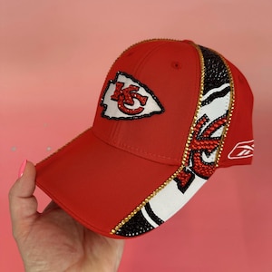 Bling Rhinestone Kansas City Chiefs Stretch Fit Hat | NFL Bling Hat | Hat Accented With Red, Black & Gold Rhinestones