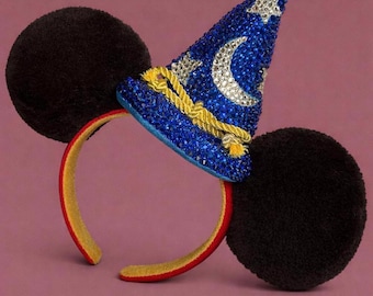 Diadema con orejas de cristal, adornada a mano con cristales de imitación, orejas de parque de lujo brillantes, Mickey Sorcerer Fantasia