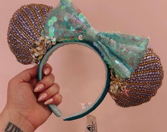 Rhinestoned Ears Headband – Hand-Embellished with Glass Rhinestones – Sparkly Luxury Theme Park – Little Mermaid Ariel
