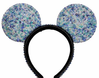 Rhinestoned Headband – Hand-Embellished with Glass Rhinestones – Sparkly Luxury Theme Park Ears – Leather Mickey Ears