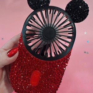 Bling Rhinestone Red Mini, Handheld & Portable USB Rechargeable with LED Light, 3 Speeds | Disney Bling Fan | Fan Accented With Rhinestones