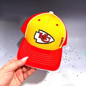 Bling Rhinestone Kansas City Chiefs Cap Red & Yellow Youth Size NFL Team Apparel Hat | NFL Bling Hat | Hat Accented With Rhinestones