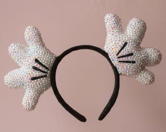 Rhinestone Mickey Glove Ears Headband | Custom Blinged Disney Ears | Glass Rhinestone Mickey Hand Ears