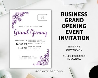 May include: A purple and white grand opening invitation template for a business. The template features a decorative floral design in the corners and the text "Grand Opening" in a large, bold font. The text "Business Grand Opening Event Invitation" is also included in the template.