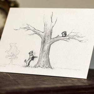 Cartão de felicitações de Jack Russell e esquilo - impressão lindamente desenhada - cartolina de qualidade. P&P GRATUITO para o Reino Unido - Mensagem pessoal GRATUITA