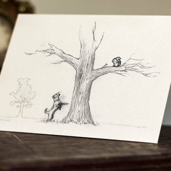 Jack Russell and Squirrel Greeting Card -  Beautifully drawn print - quality card stock. FREE P&P for UK - FREE Personal Message