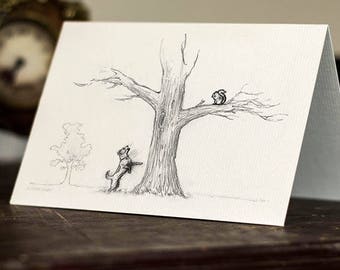 Jack Russell and Squirrel Greeting Card -  Beautifully drawn print - quality card stock. FREE P&P for UK - FREE Personal Message