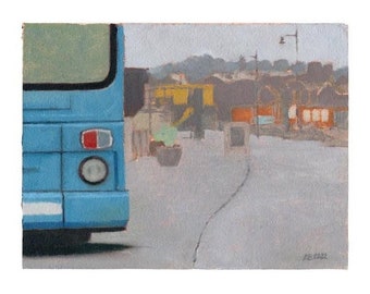 Blue Bus in Folkestone Seashore Art Print, Harbour art print, Coastal drawing, Sea print, Home art print. A5, A4, A3