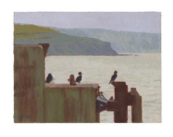Cormorants in Folkestone Art Print, Harbour art print, Coastal drawing, Sea print, Home art print. Birds, A5, A4, A3