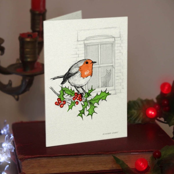 Robin - Large Christmas Card (A6) Beautifully drawn print on off-white quality card stock. FREE P&P for UK card orders.