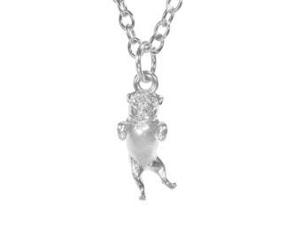 Cheeky happy Pug petite pendant in Hallmarked solid Sterling Silver and chain. Luxury gift with extraordinary detail.