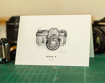 Nikon F - Classic Camera Greeting Card -  Beautifully drawn print - quality card stock. FREE P&P for UK - FREE Personal Message