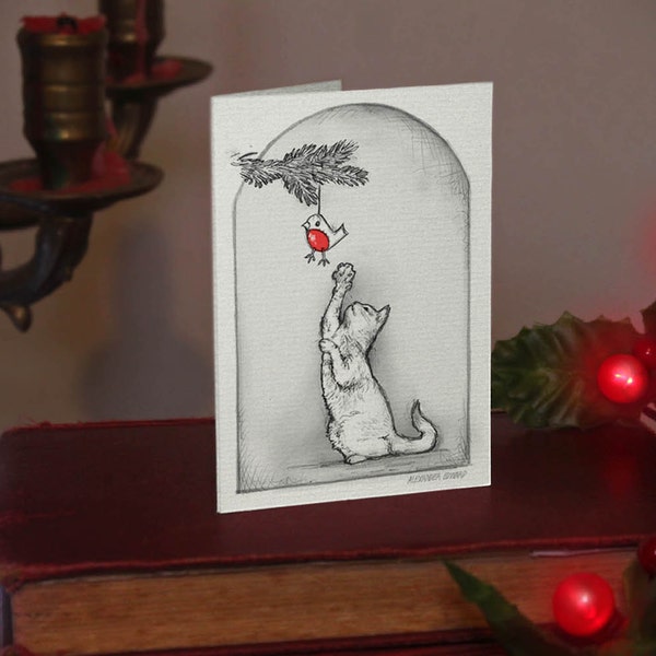 Cat and Toy - Small Christmas Card (A6) Beautifully drawn print on off-white quality card stock. FREE P&P for UK card orders.