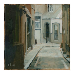 May include: A painting of a narrow, cobblestone street in a European city. The street is lined with tall buildings, and the walls are painted in shades of gray and brown. The street is empty, and the only light comes from the sky above.