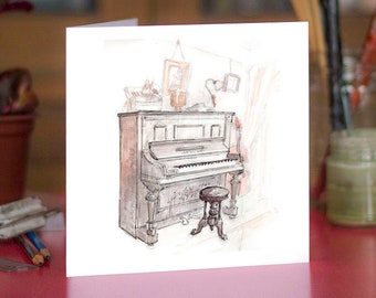 Old Piano Greeting Card -  Beautifully drawn print - quality card stock. FREE P&P for UK - FREE Personal Message