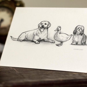 Labrador- Eend- en Lhasa Wenskaart - Prachtig getrokken druk - kwaliteitskaartvoorraad. GRATIS P&P voor UK - GRATIS persoonlijk bericht