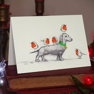 Dachshund et Robins - Grande carte de Noel (A6) Impression magnifiquement dessinée sur le stock de cartes de qualité blanc cassé. GRATUIT pour les commandes de cartes au Royaume-Uni.