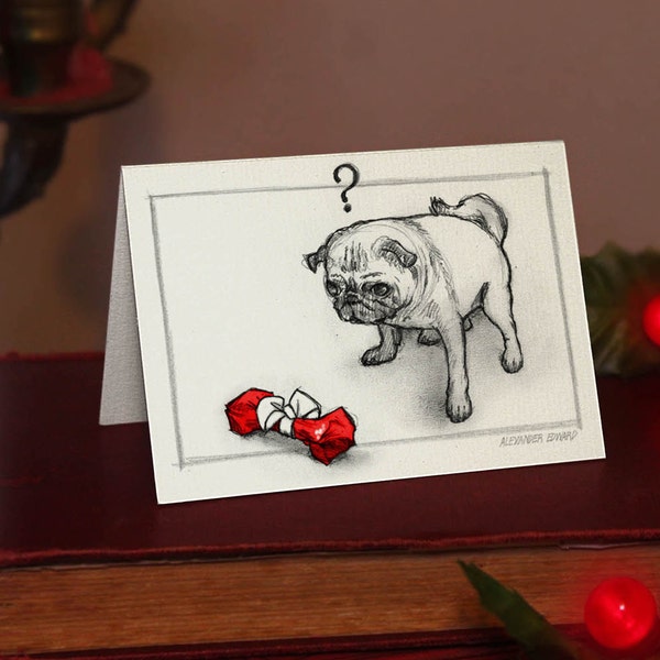 Pug - Small Christmas Card (A7)- Beautifully drawn print on off-white quality card stock. FREE P&P for UK card orders.