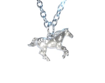 Beautiful petite running Horse in Hallmarked solid 925 Sterling Silver and chain. Luxury Gift High detail.