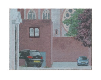 Cathedral from George Street ,  St Albans , Art Print, Town art print, Urban drawing, Shops print, Home art print. A5, A4, A3