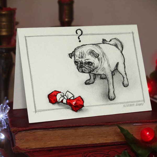 Pug - Large Christmas Card (A6) Beautifully drawn print on off-white quality card stock. FREE P&P for UK card orders.