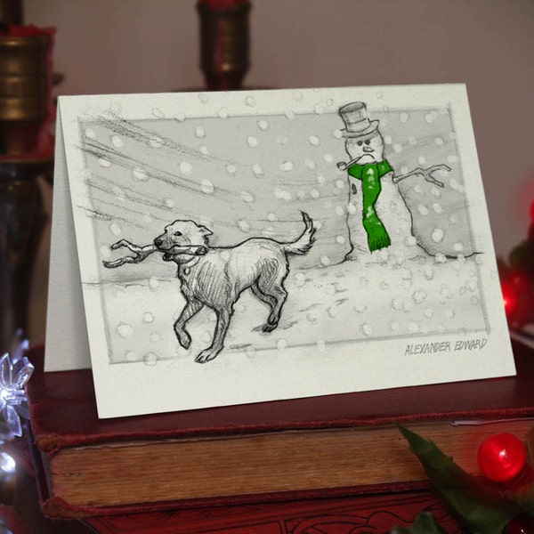 Snowman - Large Christmas Card (A6) Beautifully drawn print on off-white quality card stock. FREE P&P for UK card orders.