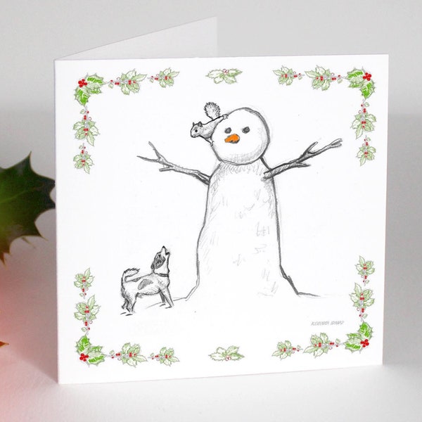 Snowman, Jack Russell and Squirrel - Christmas humour and beauty - quality card stock. FREE P&P for UK - FREE Personal Message