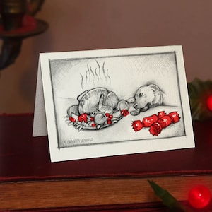 Chien et Turquie - Petite carte de Noel (A7) Impression magnifiquement dessinée sur le stock de carte de qualité blanc cassé. GRATUIT pour les commandes de cartes au Royaume-Uni.