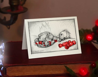 Dog and Turkey - Small Christmas Card (A7) Beautifully drawn print on off-white quality card stock. FREE P&P for UK card orders.