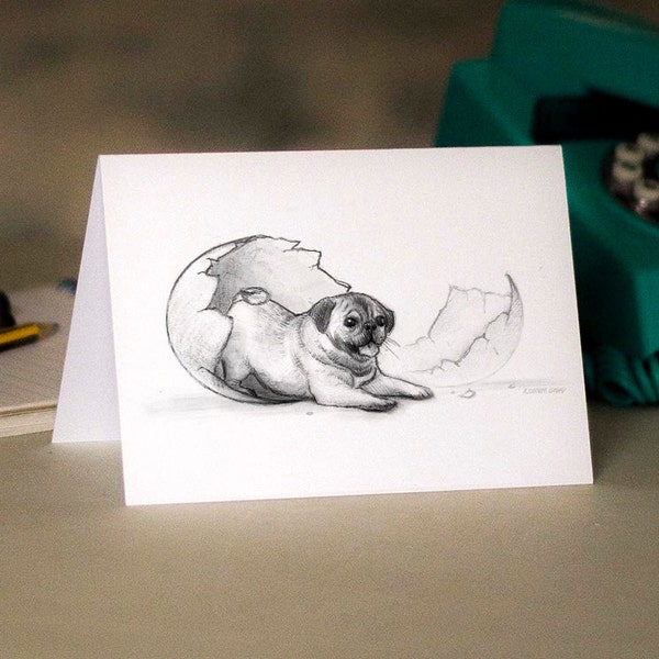 Hatched Pug - Greeting Card -  Beautifully drawn illustration printed on white card. FREE P&P for UK card orders.