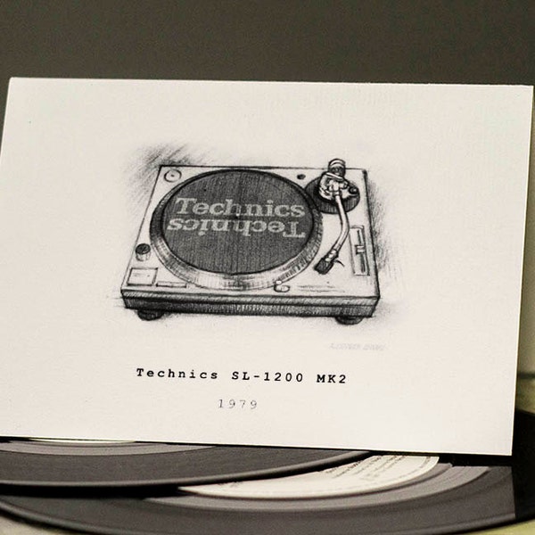 Technics SL-1200 MK2 - Classic Hi-Fi Greeting Card Beautifully drawn print on off-white quality card stock. FREE P&P for UK card orders.