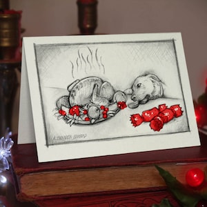 Chien et Turquie - Grande carte de Noel (A6) Impression magnifiquement dessinée sur le stock de carte de qualité blanc cassé. GRATUIT pour les commandes de cartes au Royaume-Uni.